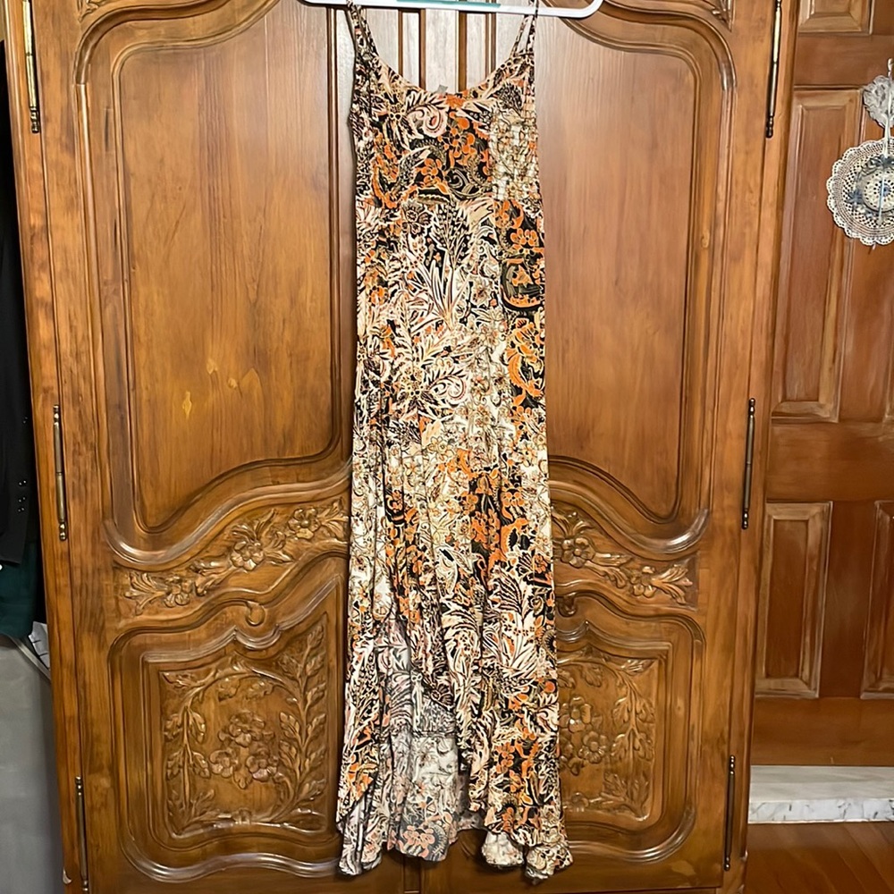 FREE PEOPLE MULTI COLOR MAXI DRESS FRONT SLIT SPAGHETTI STRAPS XS WORN ONCE